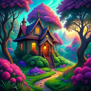 a lush green meadow, a small pink and golden house with one bedroom and a living room