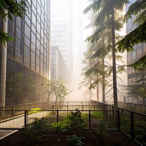 Realistic 3D render of a modern city courtyard. Surrounded by towering buildings, enclosed by a sleek fence.