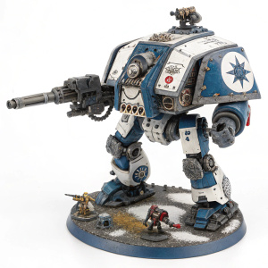A highly detailed and meticulously crafted Warmachine Stormwall war machine. It stands on a white background, showcasing its intricate blue, white, and metallic paint job. The mechanical design with numerous parts and decorations highlights the exceptional craftsmanship. Accompanied by small figures or robotic components, it evokes a sense of a futuristic battlefield.