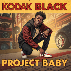 Promotional poster for Kodak Black's album 'Project Baby'. Graphic illustration of a young African American male, crouching with intense focus, set against a backdrop filled with automotive parts. Vibrant color scheme with warm hues. Includes URL for album release details.