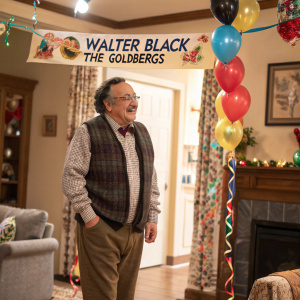 Walter Black from The Goldbergs standing in a living room, adorned with a birthday banner.