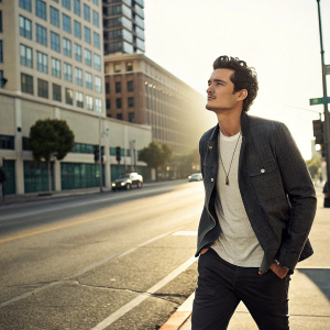 Orlando Bloom in a stylish casual outfit, standing alone in an urban street scene. Bright sunlight, modern cityscape