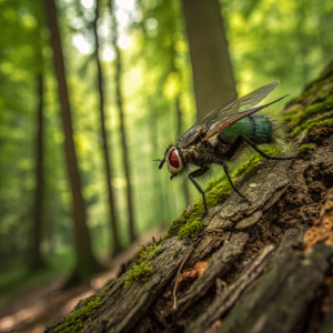 Ultra close-up shot of a fly on a rough bark. Vibrant green forest background, focus on fly's intricate details