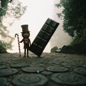 Illustration of a quirky, Willy Wonka-inspired cartoon character. The character, adorned with a top hat and a candy-striped cane, stands beside a large Wonka Bar. The backdrop is whimsical, filled with vibrant, swirling patterns.