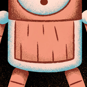 Cartoon character, drawn in pencil, with rough and aged texture. Brownish color, craggy surface, and a central reddish-brown structure. Simple design, basic limbs and body.