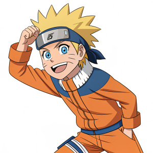 Illustration of Naruto Uzumaki from 'Naruto' anime. In a mischievous pose. Wearing orange and blue ninja outfit with forehead protector