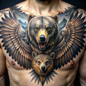 tatuaje de halcón con las alas abiertas, hd, 4k, un lobo de lado derecho, un oso de lado izquierdo