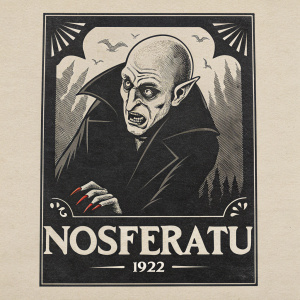 Vintage film poster for Nosferatu from 1922. Sketch-like illustration of a menacing character with sharp claws and an eerie face. Monochromatic black and white hues. Traditional engraving style. German text promotes the film