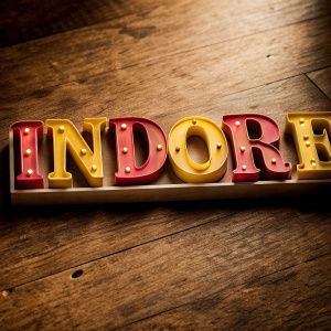 The word 'Indore' illuminated in vibrant red and yellow hues, appearing like a fiery glow against a pitch-black backdrop.