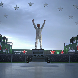 Sebastian Vettel, a white male, with a victorious stance. Dressed in a Formula 1 race suit. Surrounded by Heineken advertisements and a star-studded backdrop. Celebratory atmosphere, high resolution photo