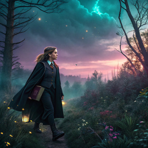 Emma Watson as Hermione Granger, walking through a dense, enchanted forest. The sky is painted in shades of violet and turquoise, casting a magical glow over the scene.