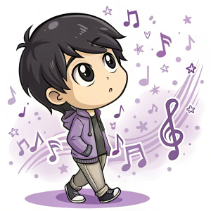 Cartoony chibi boy, dark hair, neutral face, purple musical notes background, whimsical vibe