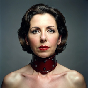 40 yo brunette wearing snug slave shock collar around throat. Dark red lipstick. Full body view