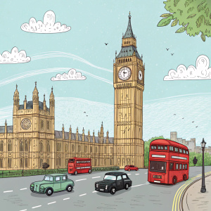 A digital illustration of Big Ben, cartoon style. London skyline with red buses and black cabs in the background.