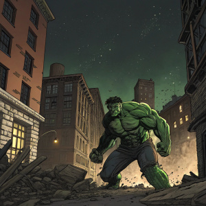 The cover of the latest issue of 'The Incredible Hulk'. Features the green giant smashing through a cityscape. Dark and gritty art style.