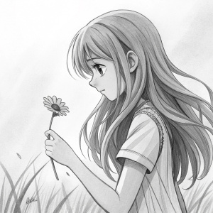 A detailed charcoal sketch of a young anime girl with flowing long hair. She gently holds a single flower. Background is minimal, featuring faint, blurred lines.