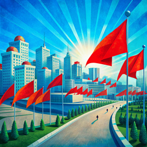 Background, sunny day in blue city in USSR, red flags