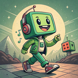 Cartoon illustration of Geometry Dash character, a green block figure. Retro-futuristic design, digital art style.