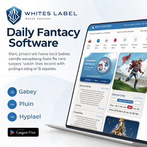 A promotional screenshot for Games by Fantasy Network's White Label Daily Fantasy Software. The interface highlights key features and gameplay elements. Clean white background with blue accents