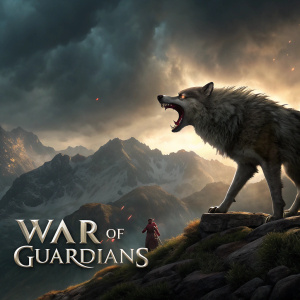 High-definition screenshot from War of Guardians. Angry wolf-like creature with shaggy fur standing atop a rugged mountain range under a stormy sky. Game title 'War of Guardians' displayed at bottom