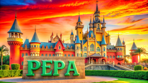 Dream castle in luxury design in Brazil, lower right inscription in dark brown letters in Gothic style: "PEPA"