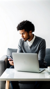 : A person engrossed in work on their laptop or phone,