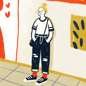 A young woman, blonde hair in a bun, casual in a black and white t-shirt, ripped jeans, and sneakers. Standing against a colorful graffiti wall.