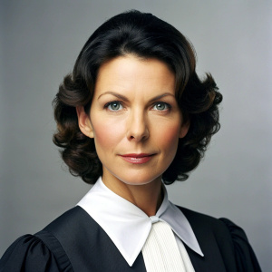 40 yo attractive brunette in court judge outfit.  upper body view