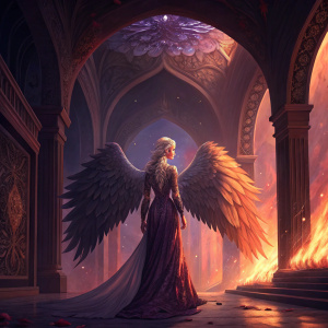 Digital painting of Daenerys Targaryen, adorned in a flowing, detailed gown with majestic wings. She stands in a grand hall with intricate archways and a fiery ambiance. Rich hues of purple, orange, and red. Highly detailed and lifelike.