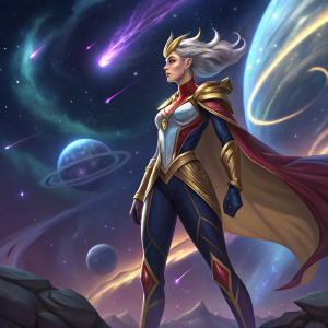 Kimmy from Mobile Legends in epic heroic pose. Cosmic digital background