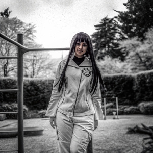 Hinata Hyuga, youthful appearance, long purple hair flowing. White attire with unique emblem. Training ground background