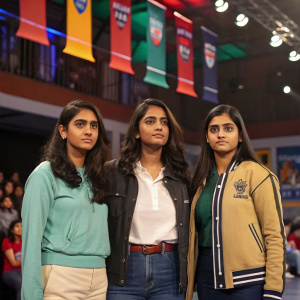 Kritika Rajkumar, Nishika Mathur, and Khushi Kaushik, college students from Laxmi Bai College, Sri Venkateswara College, and Rajdhan College respectively, competing in the debut season of a reality show.