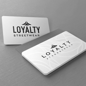 Business cards for Loyalty Streetwear. White background. Bold black text