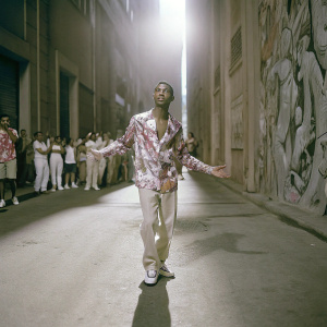 Pharrell Williams, charismatic and vibrant, adorned in a colorful, patterned shirt. Set against the backdrop of a bustling, sunlit street with graffiti art.