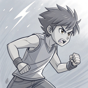 Digital illustration of BoBoiBoy Thunderstorm. Young male with intense expression. Short spiky hair, muscular build, casual sleeveless shirt. Dynamic pose, strong facial expression, loose lines, sense of movement. Solid background.