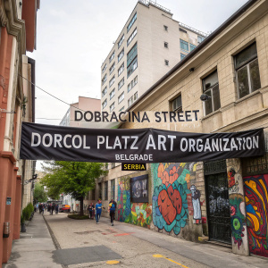 Entrance to Dorcol Platz Art Organization. Black banner with bold text. Surrounding buildings adorned with vibrant graffiti and murals. Located on Dobracina Street in Belgrade, Serbia.