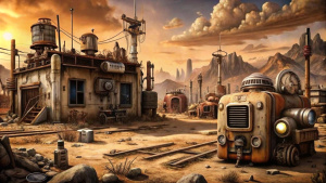 fallout wasteland with 1950's style tecnology fabric with no people
