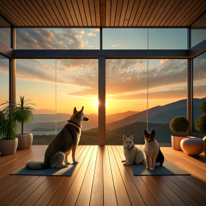 A Cat and a large husky Dog are watching the view from the window at sunset in a large spacious room of a 3D house.