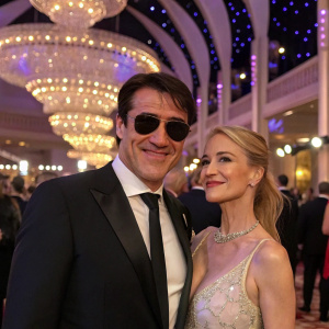 Goran Visnjic and Ivana Vrdoljak attending a bustling charity gala. Goran grins widely, Ivana adjusts her sunglasses. Lavish venue with twinkling lights and chandeliers.