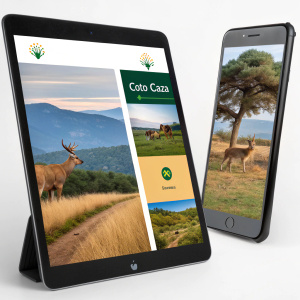 Interactive screens for Coto Caza brand featuring wildlife and nature scenes in Spanish. Designed for smartphones and tablets.