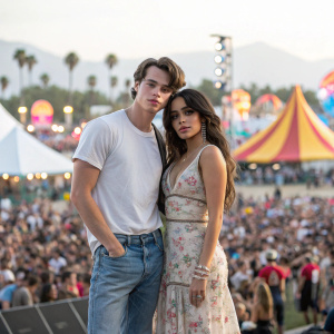 Nick Galitzine and Camila Cabello at an outdoor festival. Nick in casual jeans and a white t-shirt, Camila in a flowy floral dress. Crowds of fans and performers in the background.