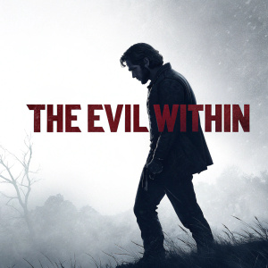 Promotional artwork for 'The Evil Within', a video game by Shinji Mikami. The poster features a sinister character in silhouette, set against a stark white background. The title 'The Evil Within' is displayed in bold, dark red lettering with a gritty, textural finish.