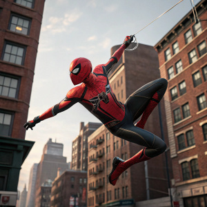Dynamic pose of Spider-Man, mid-air swing, high-tech suit. Red and black colors with web-slinging gadget visible. Urban backdrop, brick and concrete buildings.