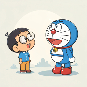 Digital illustration of Nobita and Doraemon. Flat design style with limited color palette.