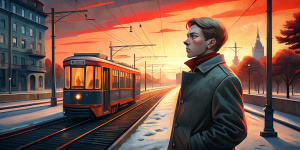soviet poster style. moscow. Early morning. A portrait of a student gay stands at the tram. 