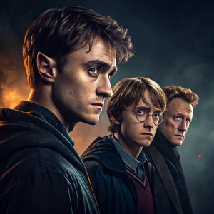 Promotional artwork for 'Harry Potter and the Cursed Child'. Dark, moody colors. Actors portraying characters from the series, serious expressions, casting spells. Warm and cool tones for dramatic effect.
