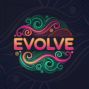 The Evolve logo, a sleek and vibrant design featuring swirling patterns in pink, green, and orange hues. The word 'Evolve' is prominently displayed with a modern, dynamic tagline below. Dark background with abstract swirls, creating a striking visual impact.