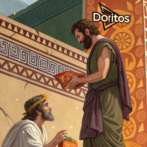 A vivid Doritos ad featuring ancient Greek motifs. Bearded man holding Doritos bag, distressed individual in background. Rich hues and intricate detailing. Spanish text and Doritos logo subtly integrated.