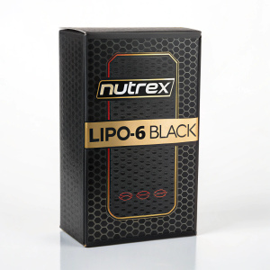 High-quality image of Lipo-6 Black supplement box by Nutrex. Packaging features product details in Spanish. Shot against stark white backdrop.