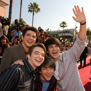 Drake and Josh cast, smiling and waving. The group poses outdoors under a sunny sky, surrounded by a crowd of fans and paparazzi.